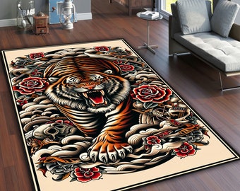 Tiger Themed Rug, Tattoo Design Rug, Traditional Tattoo Rug, Custom Rug, Popular Rug, Cheap Rug, Living Room, Personalized Gift,Gift For