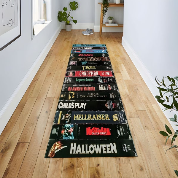 Runner Rug,Nostalgic Retro Style Rug, Vhs Case Themed Horror Rug, Movie Room Rug ,Home Theater TV Room,Long Rug,Entry Rug,Hallway Runner Rug