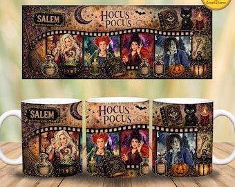 Retro 90s Halloween Mug Wrap PNG, Vintage Halloween Movie Characters, 11 Oz Mug Sublimation Design, Spooky Season Cup PNG, Digital Download