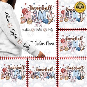 May include: A white sweatshirt with a baseball theme. The front of the sweatshirt features the words "Baseball Mama" in blue and pink letters with a baseball, bat, glove, and a red bow. The back of the sweatshirt has a space for a custom name. The sleeves of the sweatshirt have the words "William", "Sophia", and "Emily" printed on them.