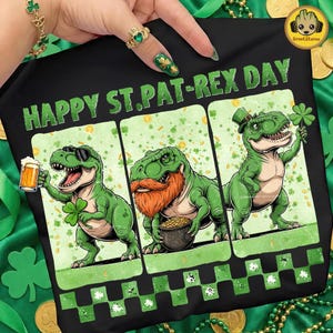 Glad St Patrick's Day PNG, St Patricks Day dinosaurie PNG, T-Rex St Patrick PNG, St Patricks Day dinosaurie PNG, Shamrock PNG, digital nedladdning