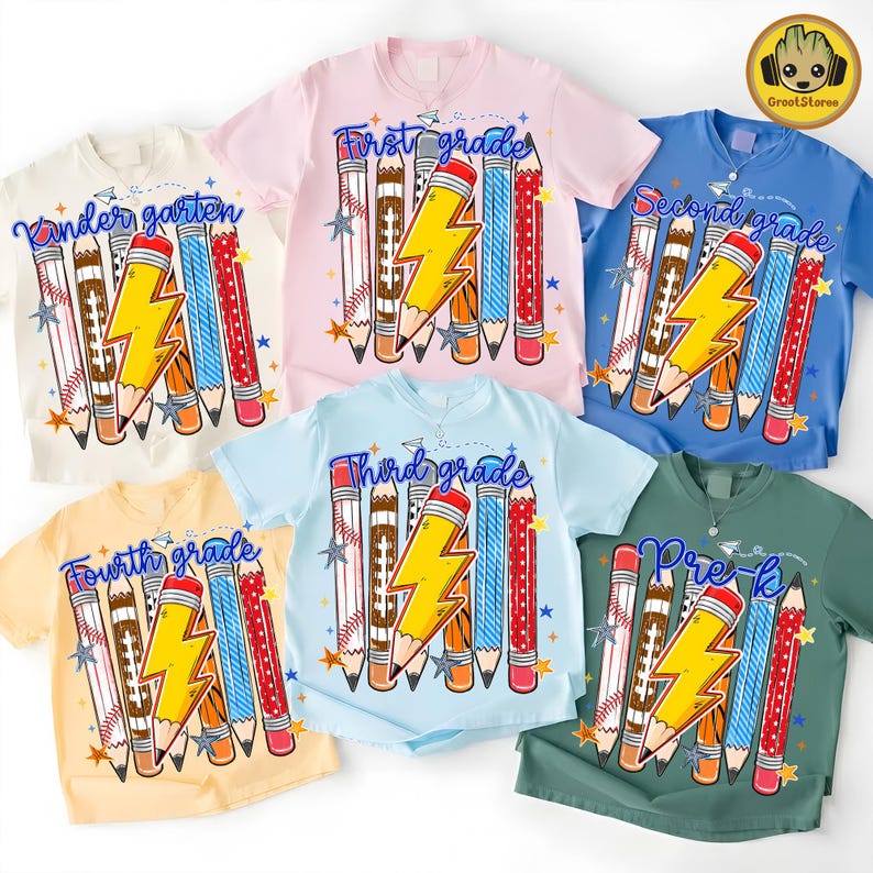 Pre-K To Fourth Grade PNG Bundle, Preppy Blue Gingham School Design, Baseball Basketball Lightning Bolt, First Day Of School PNG image 1