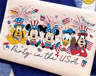 Party in the USA Png, Patriotic Mouse and Friends PNG, Patriotic Cartoon USA Design, American Flag Png, Kids 4th of July Png, Red White Blue