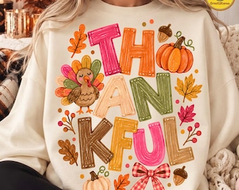 Thankful Thanksgiving PNG, Trendy Preppy Thanksgiving Design, Hand Drawn Turkey Fall PNG, Pumpkin Autumn Graphic, Digital File