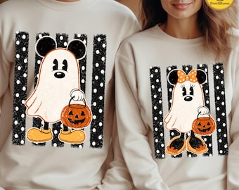 Halloween Mouse Cartoon PNG, Preppy Polka Dots Boo PNG, Cute Ghost Halloween Design, Spooky Season PNG, Family Shirt Sublimation