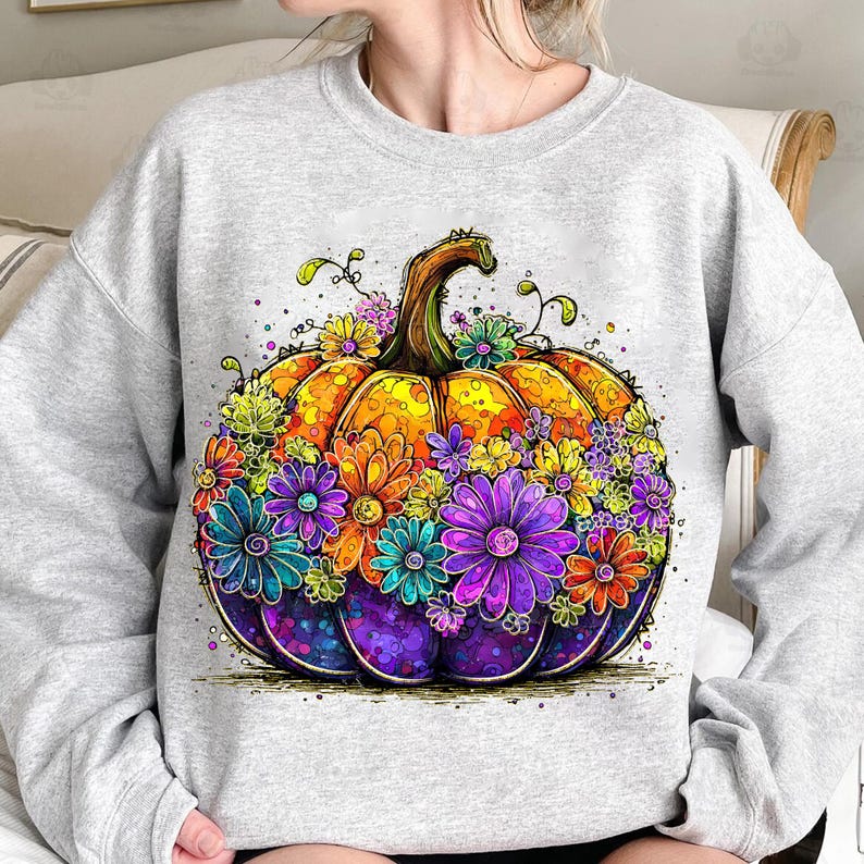May include: A light gray sweatshirt featuring a vibrant, artistic pumpkin design. The pumpkin is a mix of orange, yellow, and purple, adorned with colorful flowers in shades of blue, purple, orange, and green. The design has a whimsical, hand-drawn style.