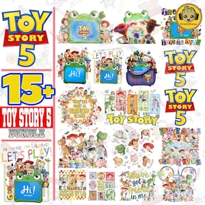 May include: A digital bundle of Toy Story 5 graphic designs featuring characters like Woody, Buzz Lightyear, and Rex. The collection includes various illustrations, text elements like "You've Got a Friend in Me," and "Hi!" with a green frog character.