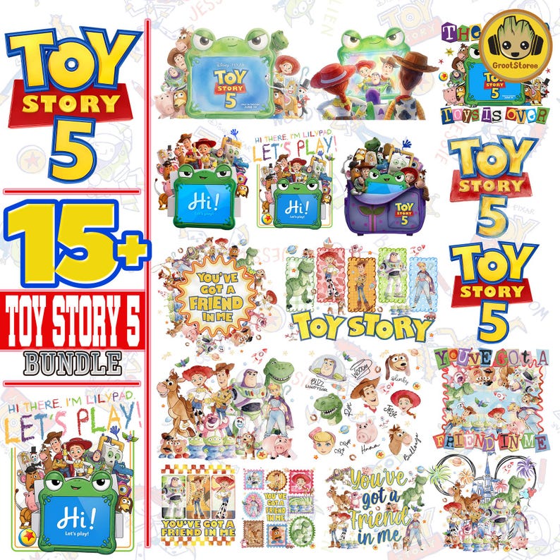 May include: A digital bundle of Toy Story 5 graphic designs featuring characters like Woody, Buzz Lightyear, and Rex. The collection includes various illustrations, text elements like "You've Got a Friend in Me," and "Hi!" with a green frog character.
