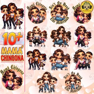 Más de 10 mamás chingonas chicanas PNG, Día de la Madre Latina estilo Chibi PNG para UV DTF, Regalo para mamá PNG, Feliz Día de la Madre PNG, Mamá Niña Png