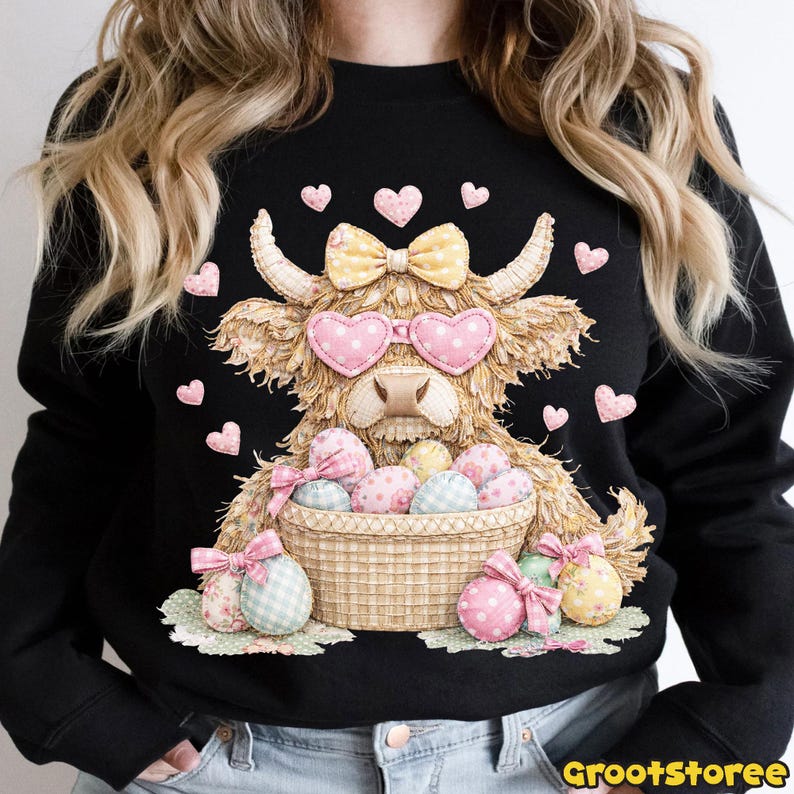 Puede incluir: Sudadera negra con un dise&ntilde;o de vaca de las Tierras Altas con gafas de sol en forma de coraz&oacute;n y un lazo. La vaca sostiene una cesta de huevos de Pascua. Corazones y lazos rosas decoran el dise&ntilde;o. El texto "GrootStoree" est&aacute; en la parte inferior derecha.