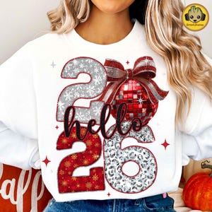 Hello 2026 PNG Disco Ball, Happy New Year 2026 PNG, Trendy New Years Eve Glitter Design, Red and Silver Faux Sparkly New Year PNG