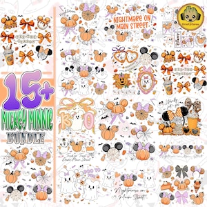 May include: A collection of Halloween-themed Mickey and Minnie Mouse designs. The images include pumpkins, bows, spiderwebs, ghosts, and text that reads "Nightmare on Main Street", "Boo to You", and "Trick or Treat Down Main Street". The bundle is labeled "15+ Mickey Minnie Bundle".
