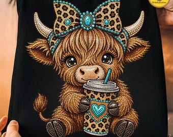 Cute Rhinestone Highland Cow PNG, Leopard Bow Cow Coffee Design, Halloween Cow PNG, Trendy Highland Cow Shirt Sublimation Download
