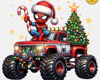 Santa Superhero Truck PNG, Superhero Christmas PNG, Spider Hero Xmas PNG, Monster Truck Christmas Design, Kids Boys Girls Sublimation File