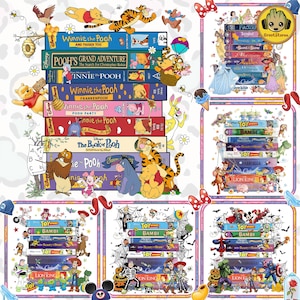 Puede incluir: Un collage de cintas VHS de Disney con Winnie the Pooh, Toy Story, Bambi y otros clásicos animados. Las cintas están apiladas en arreglos coloridos con ilustraciones de personajes y títulos como "Frozen" y "El Rey León".