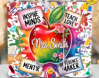 Personalized Teacher Tumbler Wrap PNG, Customizable Teacher Appreciation 20oz Skinny Tumbler, Teacher Name Design PNG, Digital FIile