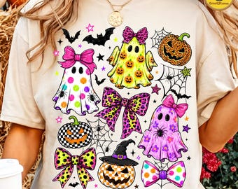 Cute Preppy Halloween PNG, Ghost and Black Cat Clipart, Colorful Leopard Ghost Design, Glitter Girly Tee PNG, Digital Download