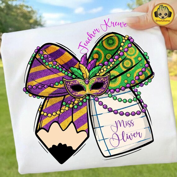 Custom Mardi Gras Teacher PNG, Teacher Krewe Coquette Pencil Png, Fleur De Lis Png, Mardi Gras Holiday Mask Png, Louisiana Festival Png