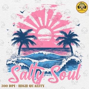 May include: A pink and blue graphic design with a sunset, palm trees, and ocean waves. The text "Salty Soul" is written in pink letters.