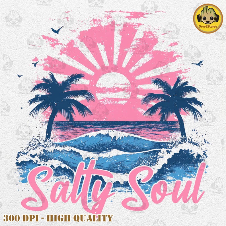 May include: A pink and blue graphic design with a sunset, palm trees, and ocean waves. The text "Salty Soul" is written in pink letters.