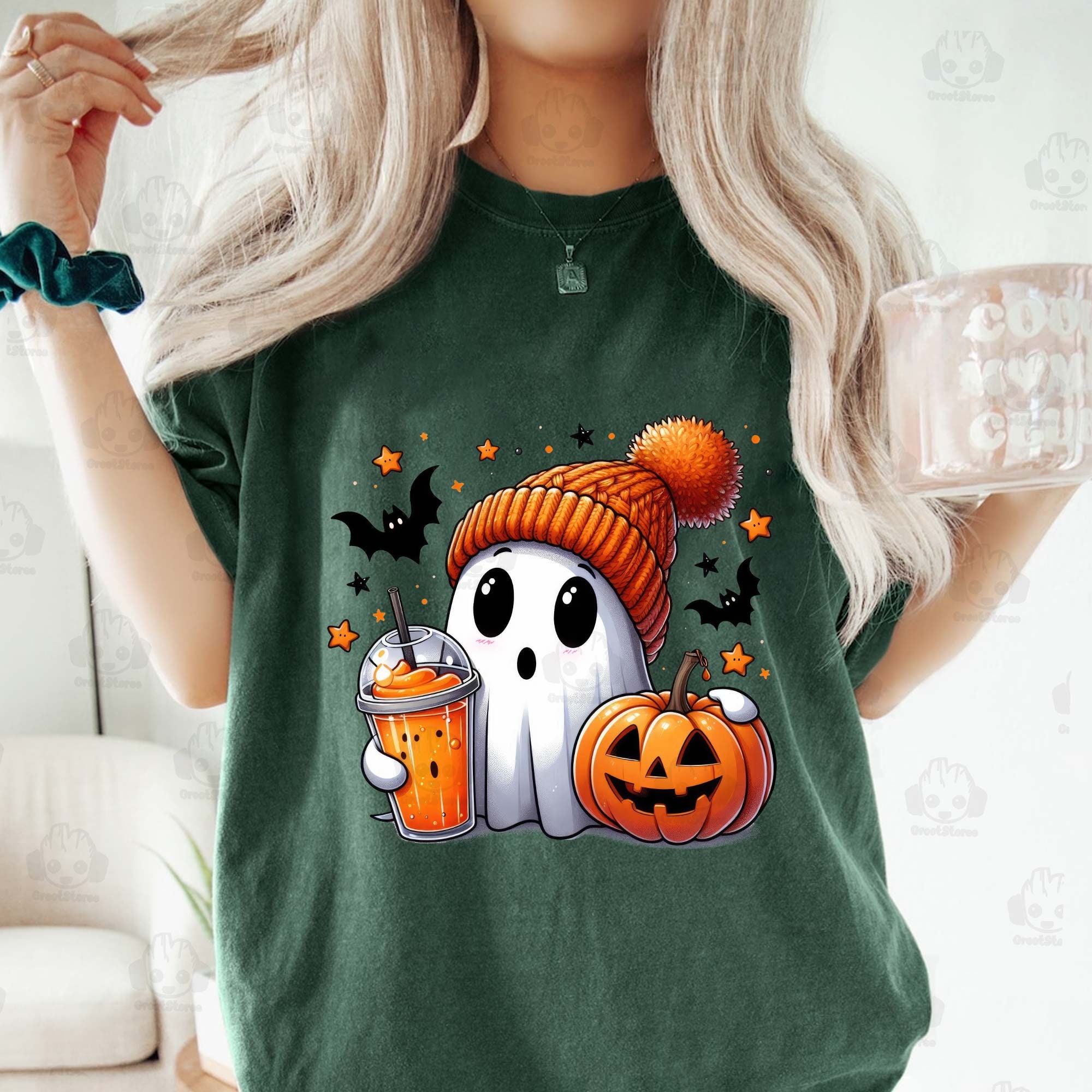 Felpa Donna Halloween MNLYBABY Con Fantasma E Gatto Nero - Oversize, Zucca E Caffè, Taglie S-XXL