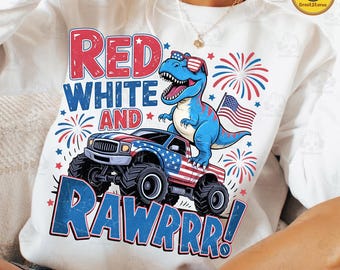 Red White And Rawr Dino Png, T-Rex Dinosaur Png, Kids 4th of July Png, USA Flag Monster Truck Png, Independence Day Png, American Boy Png