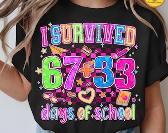 Sobreviví 100 días de escuela (Png), Divertido neón 67 días de escuela (Png), Meme de 100 días seis siete (Png), Camiseta de maestro estudiante del día 100 (Png)