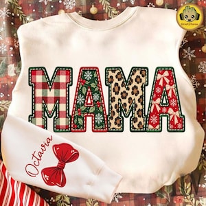 Mysig julmamma PNG, falskt broderad leopardtrycksdesign, prickig julklotter PNG, personlig sublimering av julskjorta