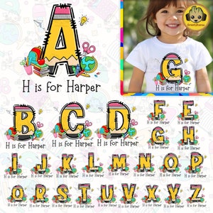 Paquete de nombre de niño/niño con alfabeto personalizado para la escuela, regreso a la escuela PNG, lápiz escolar PNG, primer día de escuela, camiseta con nombre de niño personalizado PNG