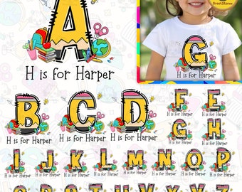 Custom Alphabet Kid/ Boy Name For School Bundle, Back To School Png, Pencil School Png, First Day Of School, Personalised Kid Name Shirt Png