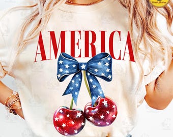 Retro America Cherries Png, Cherry Bow Png, Trendy July 4th Png, 4th Of July Woman Png, Usa Flag Png, Independence Day Png