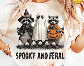 Retro Spooky And Feral Raccoon Png, Halloween Raccoon Png, Creepy Cute Raccoon Ghost Png, Feral Girl Shirt Design, Halloween Mama Shirt Png