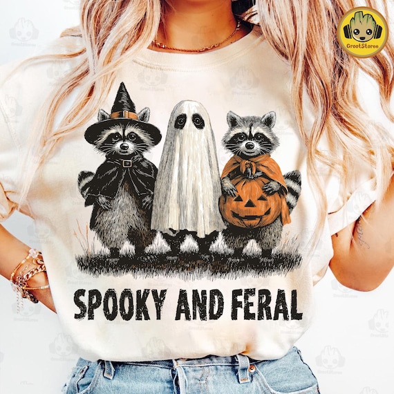 Retro Spooky And Feral Raccoon Png, Halloween Raccoon Png, Creepy Cute Raccoon Ghost Png, Feral Girl Shirt Design, Halloween Mama Shirt Png