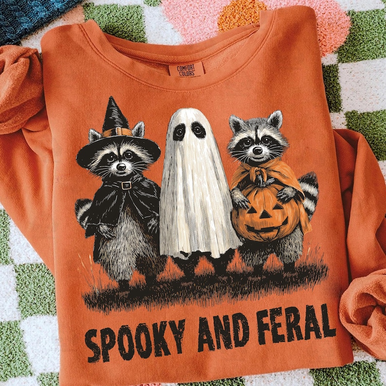 Retro Spooky And Feral Raccoon Png, Halloween Raccoon Png, Creepy Cute Raccoon Ghost Png, Feral Girl Shirt Design, Halloween Mama Shirt Png image 2