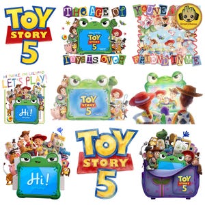 May include: A collection of Toy Story 5 graphic designs featuring characters like Woody, Buzz Lightyear, and Jessie. The images include a green frog-shaped tablet with the text Hi, Let's Play, and various Toy Story 5 logos in blue and yellow.