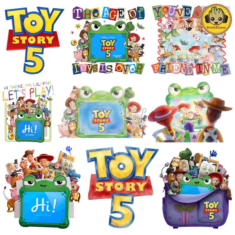 May include: A collection of Toy Story 5 graphic designs featuring characters like Woody, Buzz Lightyear, and Jessie. The images include a green frog-shaped tablet with the text Hi, Let's Play, and various Toy Story 5 logos in blue and yellow.