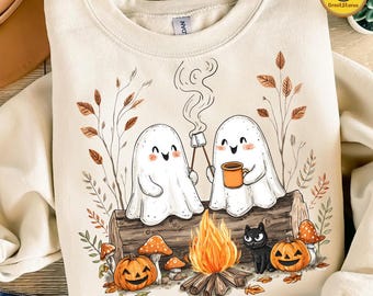 Retro Cute Ghost Halloween Png, Fall Camping Boo Ghosts Png, Autumn Floral Png, Spooky Season Png, Cozy Camping Halloween Png, Campfire Png