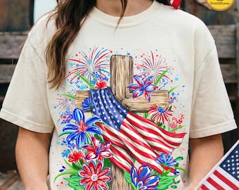 Christian 4th of July PNG, God Bless America Cross PNG, Floral USA Faith Design, Patriotic Christian Shirt Png, Digital Download