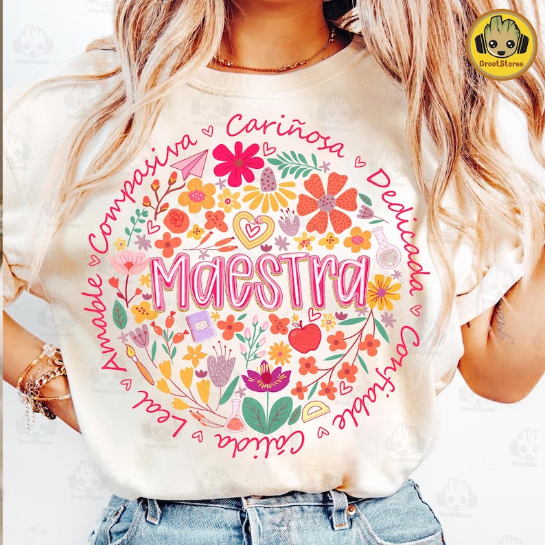 Retro Preppy Maestra Floral Png, Boho Floral Maestra Png, Vintage Preppy Spanish Teacher Png, Brushstroke Teacher Shirt Png, Digital File image 1