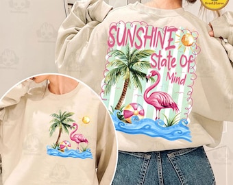 Sunshine State of Mind PNG, Colorful Palm Tree Flamingo Png, Trendy Summer Coquette Png, Retro Beach Shirt Design, Summer Vibes Png