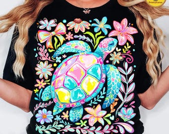 Coastal Summer Turtle PNG, Summer Sea Turtle PNG, Floral Brushstroke Turtle Design, Preppy Floral Ocean Turtle PNG, Digital File