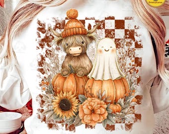 Retro niedlicher Herbst Highland Kuh Geist Png, gruseliger Geist Png, Herbstkuh-Shirt-Design, Halloween-Kürbis-Gewürz Png, trendiger Boo-Geist Png