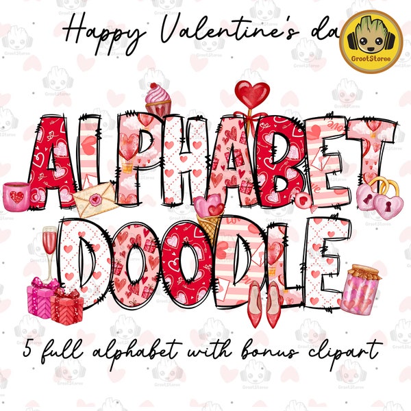 Valentine Alpha Doodle 5 Set Png Bundle, Valentine Heart ABC Alphabet Png, Valentine Png, Valentine Clipart Set Design Png, Digital File