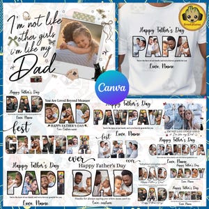 May include: A collection of Father's Day-themed designs. Includes a white t-shirt with "Happy Father's Day PAPA" and photo collage letters. Other designs feature the words "DAD", "PAWPAW", "GRANDPA", "PAPI", "DAD", "DADDY", and "FATHER".