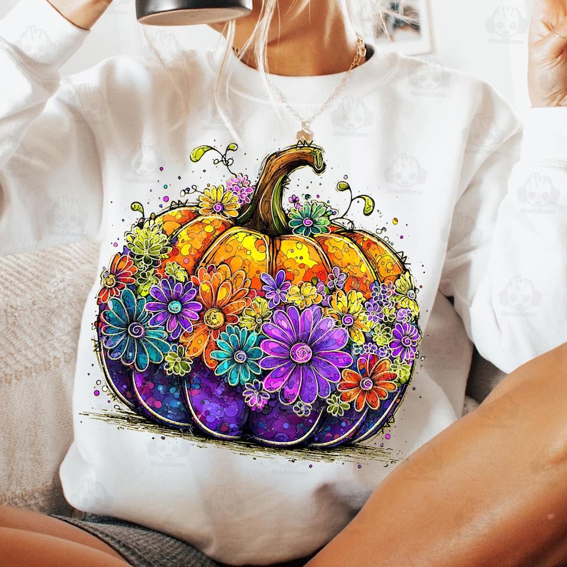 May include: White sweatshirt featuring a vibrant, watercolor-style pumpkin design. The pumpkin is adorned with colorful flowers in shades of purple, orange, blue, and green. The design has a whimsical, artistic aesthetic, perfect for fall.