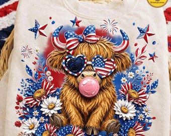4th of July Highland Cow PNG, USA Cowgirl Patriotic Shirt Design, American Flag Cow Sublimation, Digital File