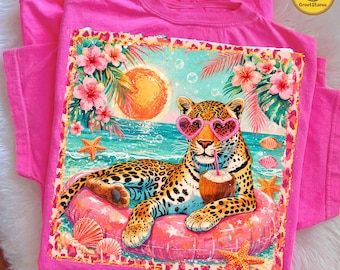 Tiger Preppy Summer PNG, Coquette Summer Design, Girly Beach Tee Retro Leopard Shirt PNG, Cute Summer Vibes Png, Digital Download