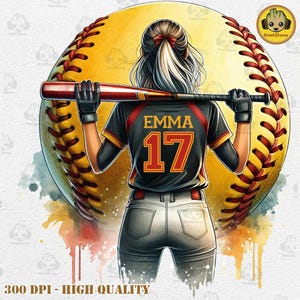 Może przedstawiać: Aquarela przedstawiająca zawodniczkę softballa w czarnym stroju z imieniem "EMMA" i numerem "17" na plecach. Zawodniczka trzyma kij bejsbolowy na ramieniu i stoi przed ż&oacute;łtą i czerwoną piłką do softballa.