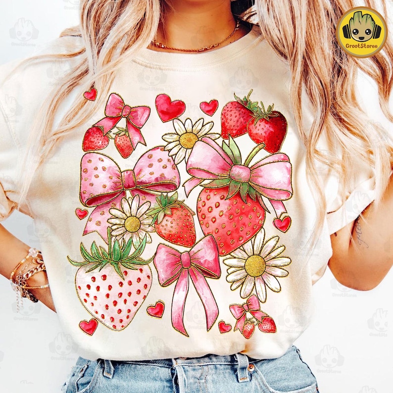 May include: A white t-shirt with a pink and red design featuring strawberries, bows, and flowers. The design is centered on the shirt and is surrounded by a white background.