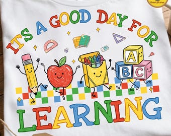 It's a Good Day for Learning png, terug naar school png, leuke schoolbenodigdheden png, shirtontwerp voor leraar, kleurpotlood appelpotlood png, digitaal bestand